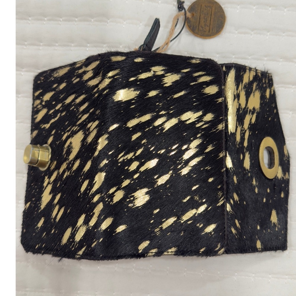 Myra Bag Cowhide Wallet Black Gold Metallic Hair On Hide RFID Trifold Turn Lock - Picture 5 of 9